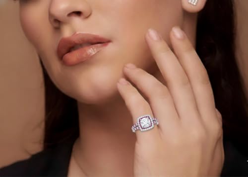Image of 55Carat Choose Your Gemstone Double Band Square Halo Diamond CZ Ring 925 Sterling Silver Round Shape Halo Engagement Rings Everyday Jewelry Wedding Jewelry Handmade Gifts for Wife US Size 4 to 12