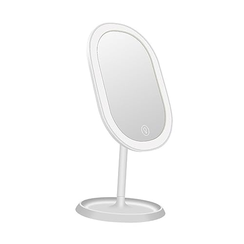 Espejo de maquillaje LED rotativo con bandeja y luz blanca