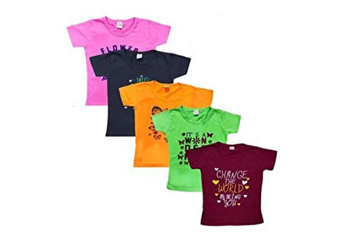 Image of Grils Printed Cotton Half Sleeve Regular Fit Casual t-Shirts Set Combo (Pack of 5)