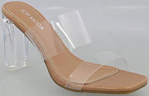 Top Moda Women's Clear Block Heels Sandals Double Strap Mule Chunky Heel Shoes (Nude, Numeric_10) #TOP1