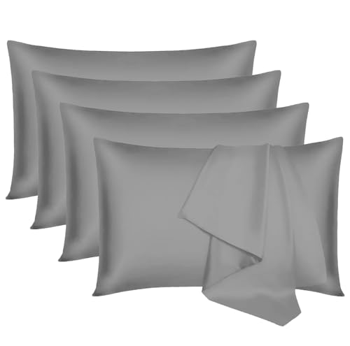 Hotel Linen Klub Standard Pillowcase 4pc Set, 100 Cotton 280TC Sateen Solid Dyed (50x75cm Standard, Silver) (Only 4 Pillowcases).