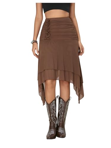 Women's Ruffle Ruched Mesh Asymmetrical Skirt Western Layered Midi Skirts