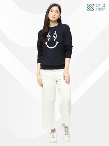 Image of STATUS MANTRA Women's Cotton Round Neck Regular Fit Sweatshirt | Full Sleeves and Smile Printed | Comfort Colour T-Shirt | Available in Multicolor & Size Small to 2XL