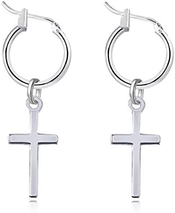 Two-tone Cross Charm Dangle Earrings Clip Hinged Hoop Hook Tassel Drop Crucifix Cross Earring For Men and Women