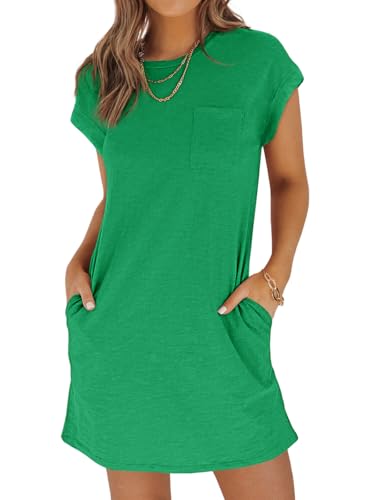 Wenrine Women's Summer T Shirt Dress Casual Short Sleeve Crewneck Loose Fit Mini Dresses with Pockets Green