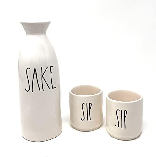 Rae Dunn SAKE Pitcher SIP Cups Glossy White Ceramic Set