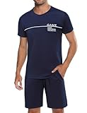 Marvmys Herren Schlafanzug Kurz Sommer Pyjama Baumwolle Rundhals Zweiteilige Pyjamas mit Kurzarm T Shirt Pyjamahose für Männer S 3XL