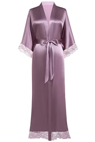Image of BABEYOND Satin Kimono Robe Silky Long Bridesmaid Wedding Lightweight Bath Robe with Lace Trim