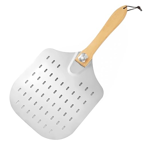 DYUEE Perforated Pizza Peel 12 inch Aluminum Metal Pizza Paddle Pizza Spatula with Wood Handle & Holes Long Handle Pizzas Turning Peel Pizza Oven Accessories for Baking Pizzas and Artisan Breads
