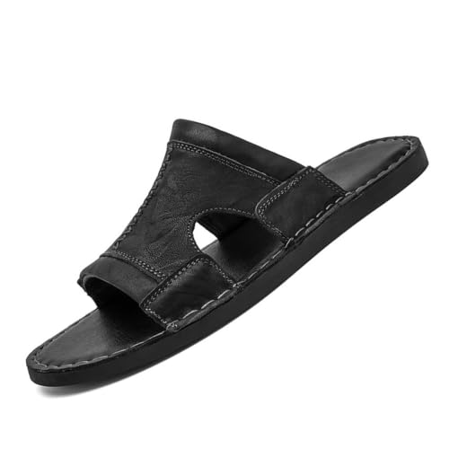 Image of Men's Leather Cutout Slides Sandals Comfortable Lightweight Open Toe Anti-Slip Soft Bottom Slip On Slippers Summer Outdoor Casual Beach Sandals