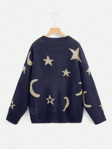 WDIRARA Women's Star Moon Print Long Sleeve Sweater Round Neck Knitted Pullovers Top2