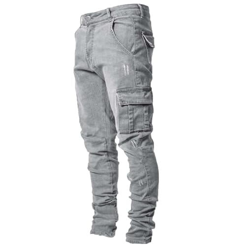 Mens Jeans Slim Fit Ripped Skinny Straight Leg Cargo Denim