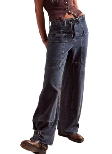 CHARTOU Women Patchwork Denim Wide Leg Pants Tie Front Drawstring Floor Length Straight Baggy Boyfriend Jeans with Pockets