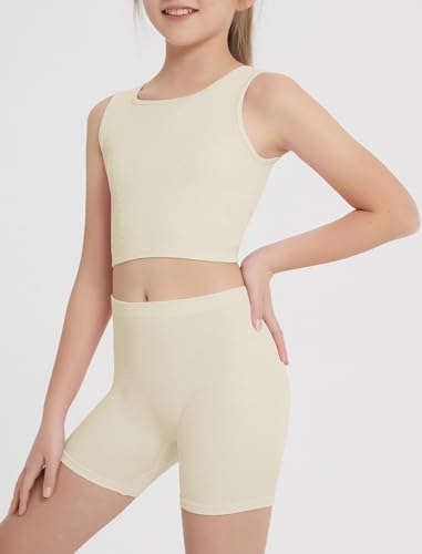Image of EXARUS Girls 2 Piece Outfits Seamless Ribbed Cropped Tank Top Shorts Set | Teen Two Piece Outfit Tween Summer Dance Vacation Yoga Crew Neck Youth Athletic Workout Set Kids High Waist Elasticity 6-14Y