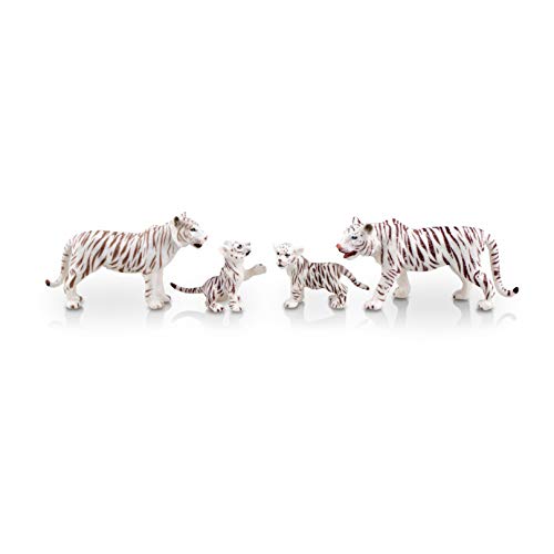 TOYMANY 4PCS Realistic White Tigers Figurines with Tiger Cubs, 2-6" Safari Animals Figures
