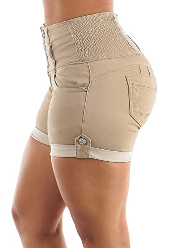 Moda Xpress Womens Juniors High Waisted Butt Lifting Khaki Shorts Spandex Waist 10168U #TOP3