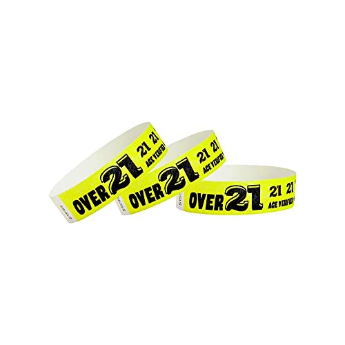 500 WristCo Over 21 Neon Yellow Tyvek Wristbands for Events - Tamper-Proof
