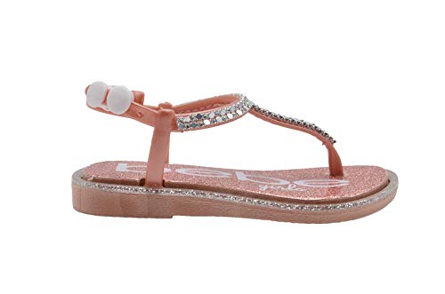 bebe Girls Toddler Baby Little Kid PCU Rhinestone T-Strap Slide Sandal with Sparkly Glitter Footbed and Adjustable Back Strap Rose Gold 7-8