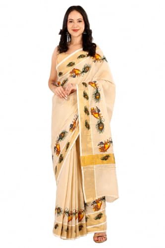 Image of Women's Kerala Tissue Plain Saree with Running Blouse| Onam & Vishu Kani Special | Traditional Kasavu White Colour