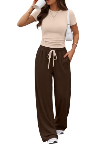 Image of Trendy Queen 2 Piece Matching Summer Lounge Set Womens Side Ruching Top Wide Leg Pants Sets with Pockets