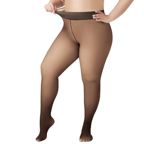 Image of WiliW Plus Size Fleece Lined Tights for Women, Sheer Winter Warm High Waist Thermal Tights Fake Translucent