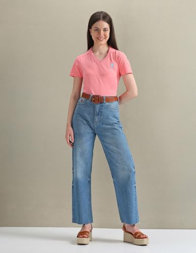Image of U.S. POLO ASSN. Women's Open Placket Solid Polo Shirt (UWSS24PTS054 Pink XL)