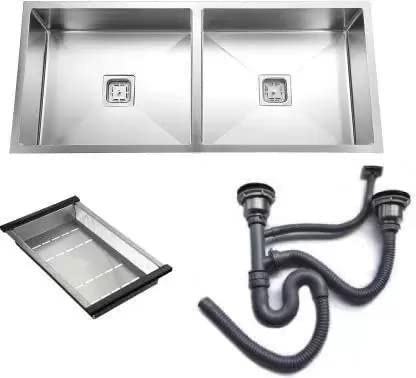 RAPCON 45x20x10 Handmade Kitchen Sink Matte Finish 304 Grade Steel Double Bowl Silver Sink