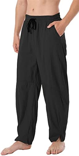 perdontoo Mens Linen Cotton Loose Fit Casual Lightweight Elastic Waist Summer Pants (XX-Large, Black)
