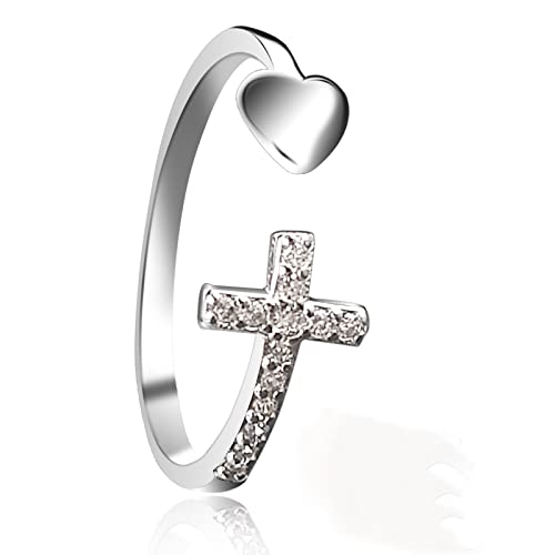 Yizemay 925 Bagues D'amour Croisées Ouvertes Réglables, À Travers Elle Croix et Anneau de Coeur pour les Femmes Thanksgiving Noël Prier (LOVE)