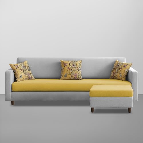 Image of Casaliving Premium Lifestyle Fabric 5 Seater L Shape Sofa Set 4 Seater Modern Sofa Set & Ottoman for Living Room (Yellow Grey Color)