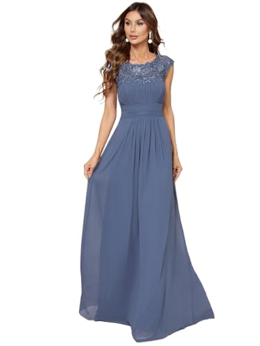 Ever-Pretty Women's Cap Sleeve Ruched Lace A Line Round Neck Chiffon Formal Dresses Evening Gowns Denim Blue US12