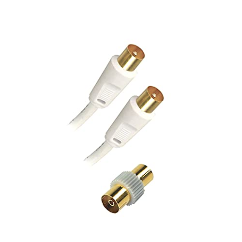 APM 408016 - Câble TV Mâle/Mâle 9,52 mm - Câble Coaxial TV de 10 m - Adaptateur Femelle Inclus - Connexion d'un Téléviseur vers une Fiche TV Murale ou vers un Décodeur - Blanc
