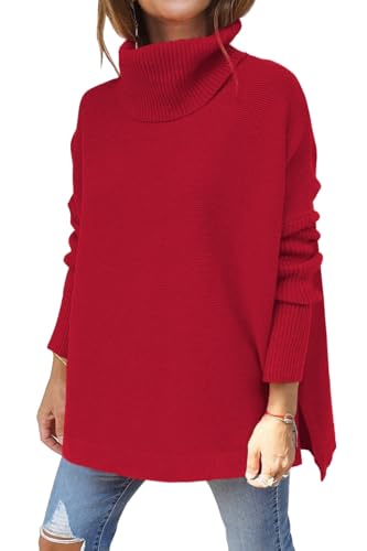 Image of LILLUSORY Women's Turtleneck Oversized Sweaters Long Batwing Sleeve Spilt Hem Tunic Pullover Knit Tops