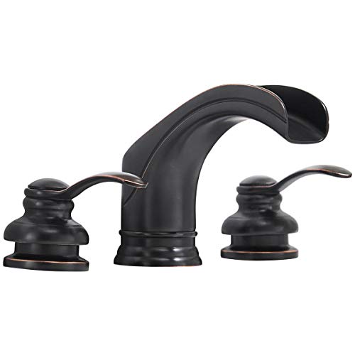 Widespread Bathroom Faucet Oil Rubbed Bronze Vanity Bath Waterfall 3 Hole Black Farmhouse Sink 2 Handles Basin 8-16 Inch Modern Commercial Mixer Tap Curved Spout Supply Lines Lead-Free by Homevacious