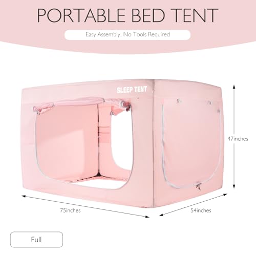 BORNA Bed Tent Full Bed Canopy for Indoor Portable Light Reducing Sleeping Canopy for Kids and Adult,Bunk Blackout Tents Breathable Privacy Space Tent Mosquito Netting for Bed(Macaron Pink)