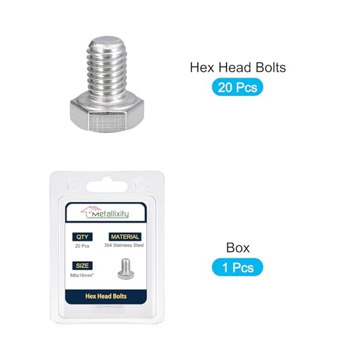 Image of METALLIXITY Hex Bolts (M8-1.25x16mm) 20Pcs, 304 Stainless Steel Coarse Fully Threaded Hex Head Screw Bolt Machine Screws - for Furniture Repair, Silver