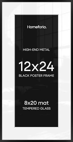 Image of Homeforia 12x24 Picture Frame Black, High End Metal 12x24 Poster Frames with Mat 8x20 for Photo, 12 x 24 Black Frame Matted to 8 by 20 Print, 24x12 Panoramic Frames, Tempered Glass, Wall Kit, Set of 1