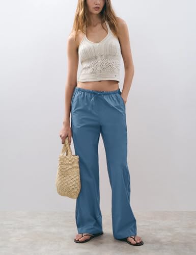 Tanming Womens Wide Leg Pants Solid Casual Embroidered Sides Drawstring Waist Trousers with Pockets2