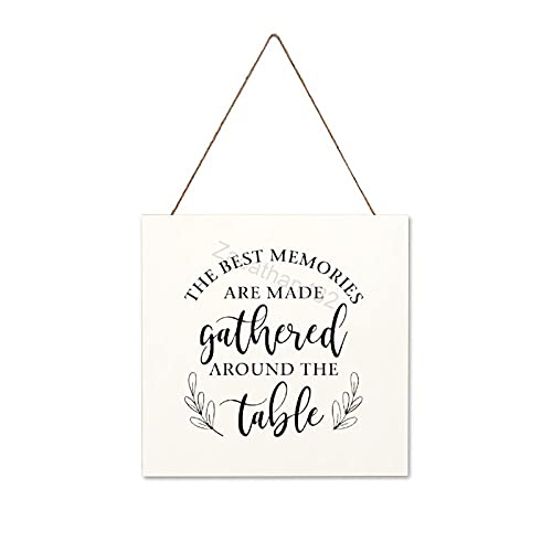 Zacathan432 Farmhouse Wall Decor Signs The Best Memories are Made Gathered Around The Table Rustic Wooden Hanging Plaque with Rope for Home, Office, Shop, Cafe, Restaurant Doors, 12 x12 