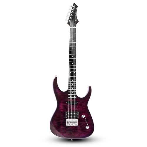 Leo Jaymz Electric Guitar Thunderstorm ST Style Solid Body Electric Guitar Flamed Maple Top Purple Fixed Bridge Railway Pickup 24 Frets for Beginner Student&Adult (Purple Flame)