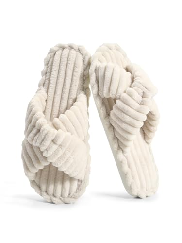 Xelky Indoor Slippers for Women House Open Toe Slipper Comfortable Corduroy Cross Bands Bedroom Shoes Fuzzy
