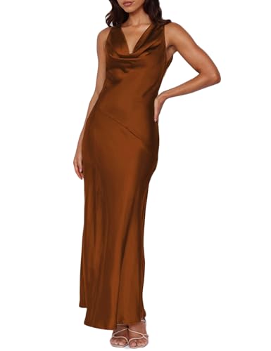 KOUNAI Maxikleid aus Satin, Wasserfallausschnitt, ärmellos, rückenfrei, für Hochzeitsgäste, Seide, offener Rücken, Raffhalter, formelle Kleider...