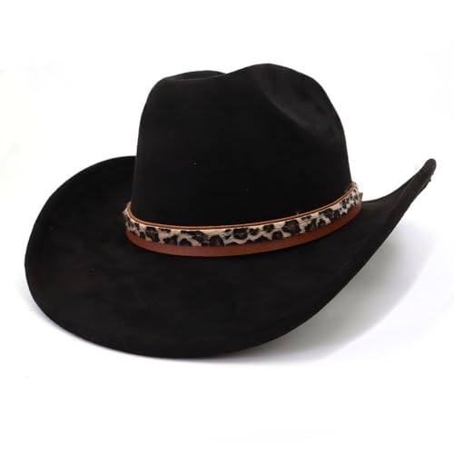 Image of Classic Suede Cowboy Hat for Adult Wide Brim Western Cowgirl Hat Women Fedora Hat with Leopard Print Hatband