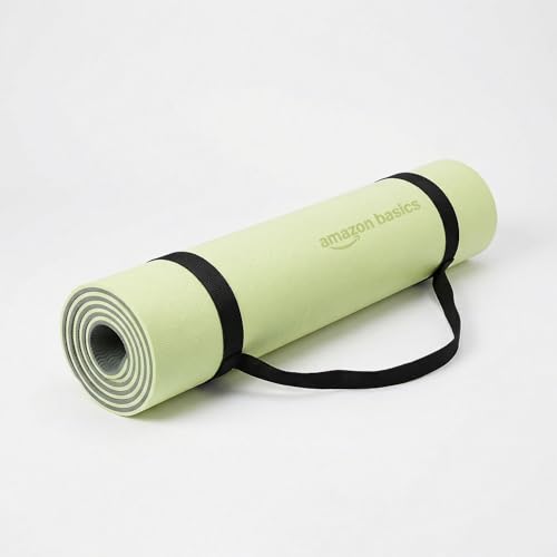 Image of Amazon Basics TPE Yoga & Exercise Mat with Carrying Strap | 6 mm Thick | Non-Slip Grippy Surface | Eco-Friendly Rubber-Like Material | Floor Protection | Ideal for Yoga, Pilates, Stretching & Meditation | 183 x 61 cm | Dark Green & Light Green