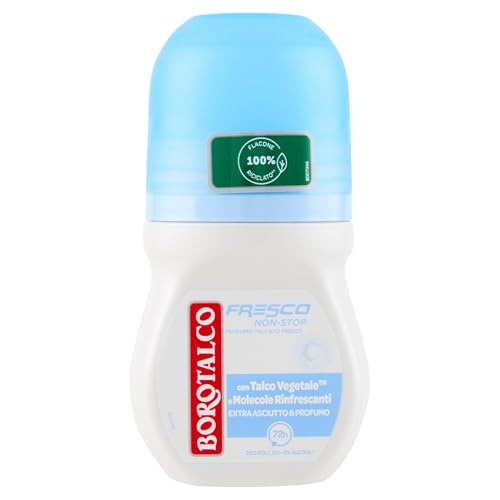 Borotalco, Desodorante Roll-On Fresco, fórmula sin alcohol y talco con cristales activos, triple protección en sequedad, aroma a talco fresco, eficacia 48h - 1 botella de 50 ml