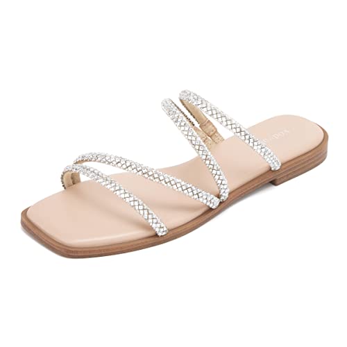 vodvob Women's Rhinestone Flat Sandals Slip on Memory Foam Sandals Open Toe Slide Sandals