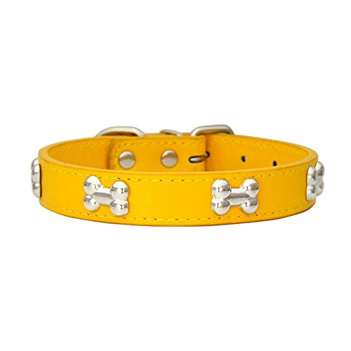 Mdurian Collare per Cani in Vera Pelle con Borchie in Osso di Metallo Collari Regolabili sicuri e Comodi per Cani di Taglia Media, (S, Giallo)