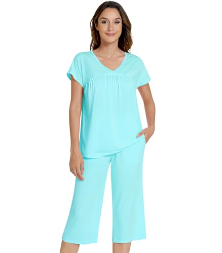 Image of NACHILA Pajamas for Women-Viscose Made from Bamboo, Short Sleeve Sleepwear Top Cooling Capri Pants Pajama Set V Neck Pjs