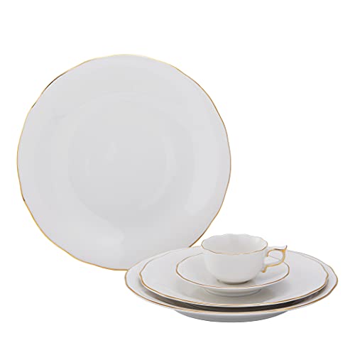 Minh Long I 5 Pieces Assorted Premium Elegant Porcelain with Luxury Trim Dinnerware Set, Round Plates Coffee Tea Cup Saucer Serve Fine Dining Main Course Dinner Home Kitchen Tableware, White & Gold