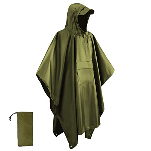 Azarxis Poncho Pluie Imperméable avec Capuche Cape de Pluie Tapis de Sol Bâche de Camping Ombre Multifonctionnel 3 en 1 pour Randonnée en Plein Air Homme Femme (Vert armé)